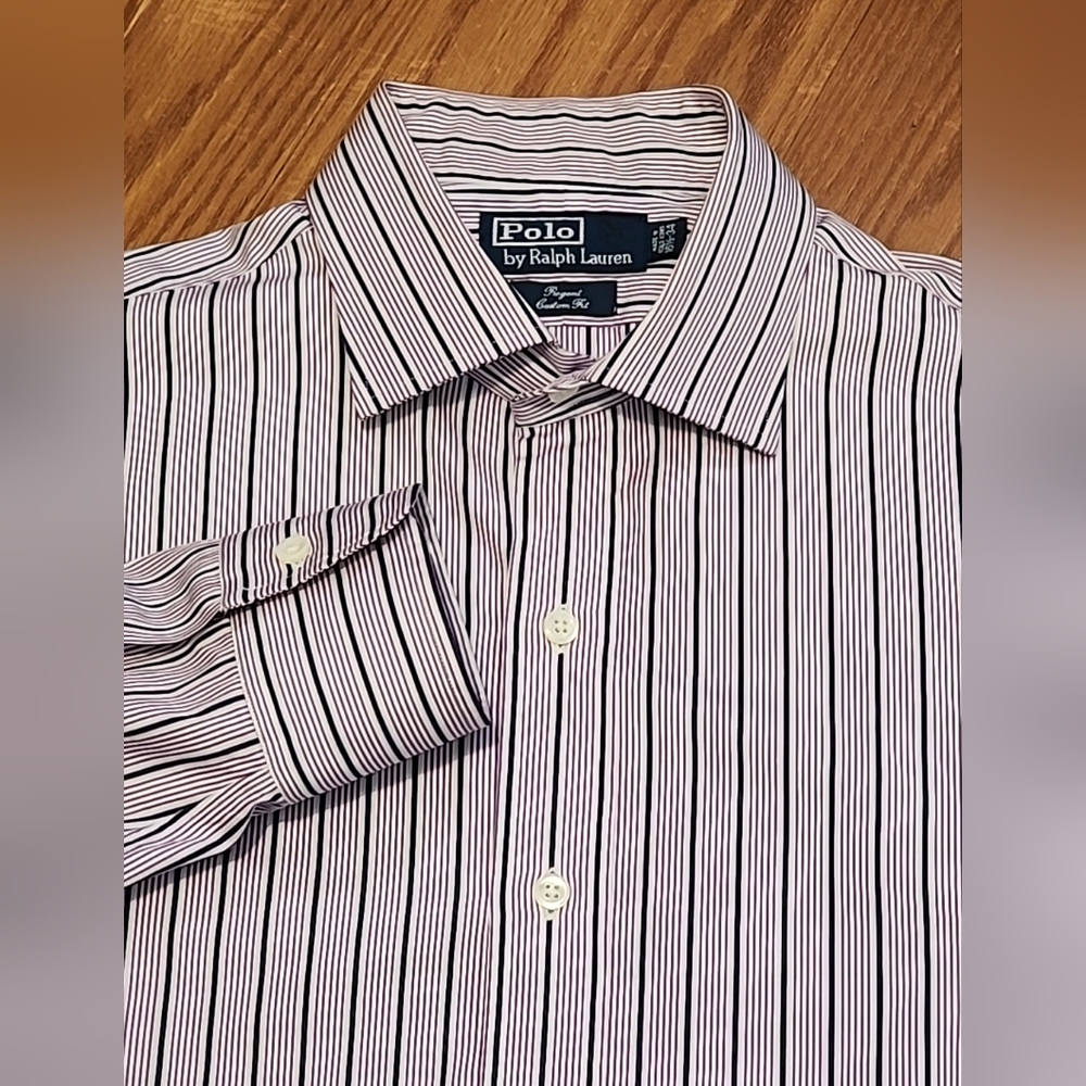 Polo ralph lauren button up long sleeve shirt 16 1/2 -34 purple and white